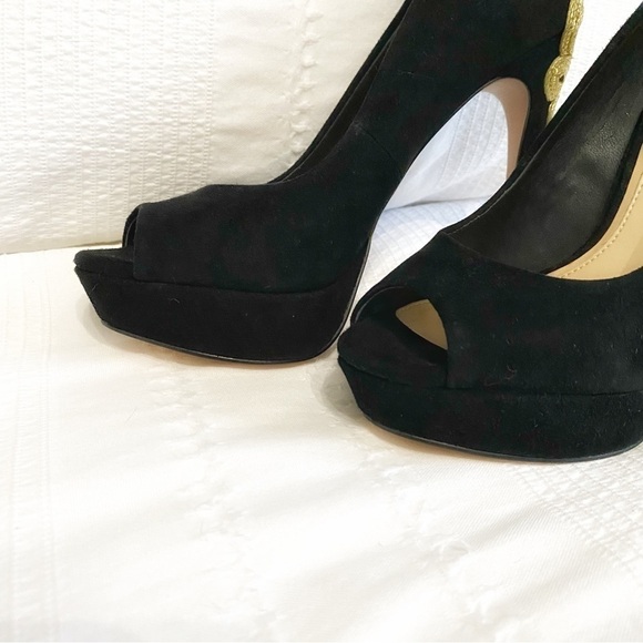 NWOT BRIAN ATWOOD DESIGNER B-RAJA BLACK GOLD EMBROIDERED SUEDE PEEP TOE HEELS - Picture 5 of 10
